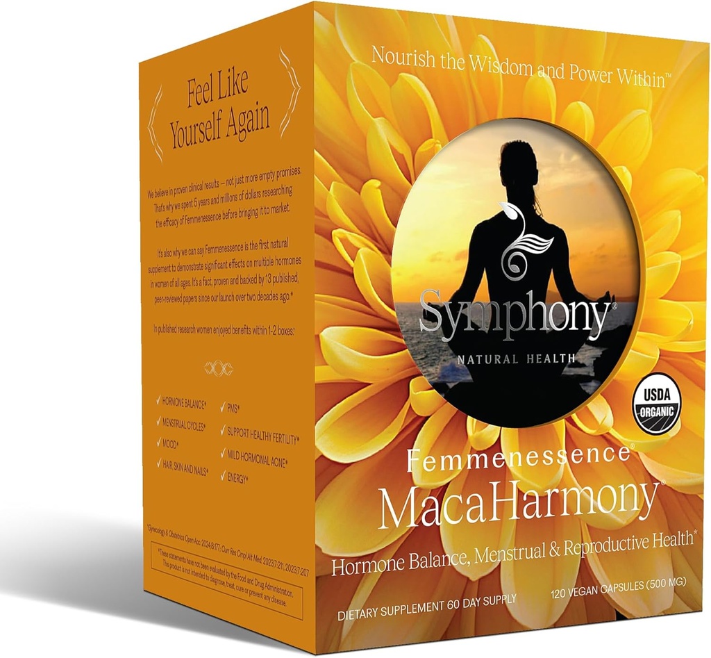 Femmenessence MacaHarmony – Scientifically Provenido para apoyar el equilibrio hormonal para las mujeres, ciclo menstrual regular, PMS, acné, piel sana, fertilidad, cápsulas de Maca orgánica natural (120)