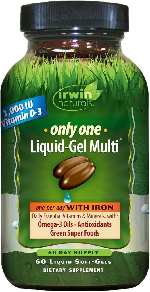 Irwin Naturals Only One Liquid-Gel Multi - 60 Softgels - One-Per-Day Multivitamin with Iron, Omega-3 Oils, Antioxidantes & Green Super Foods
