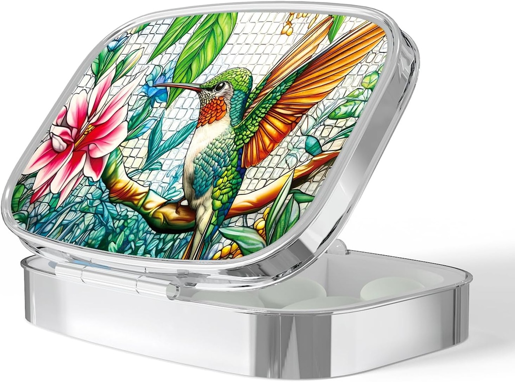 Pill Box-2 Compartment Small Pill Case Portable for Pocket & Purse Single Pill Container to Hold Vitamins Medication Fish Oil and Supplements BPA-Free(Hummingbird)