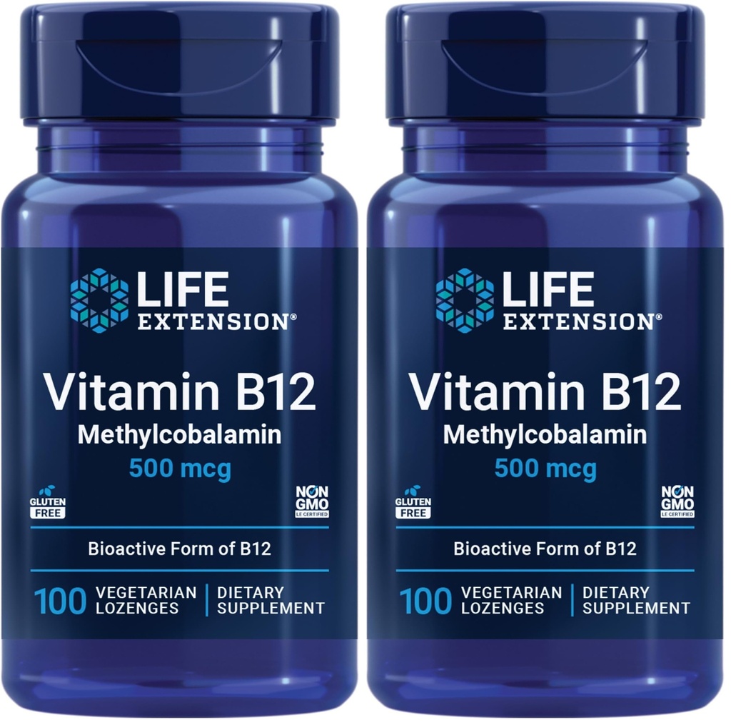 Life Extension Vitamin B12 Methylcobalamin 500mcg - Vitamin B12 Supplement for General Energy and Brain Health - SugarFree Vegetarian Lozenges Dissolve in Your Mouth/Once Daily - 100 Count (Pack of 2)