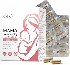 Mama Breastfeeding Veg Capsules de BHK, Aumentar el suministro de leche materna, Suplemento de post embarazo " Apoyo a la lactancia, 60 cápsulas, suministro de 2 semanas