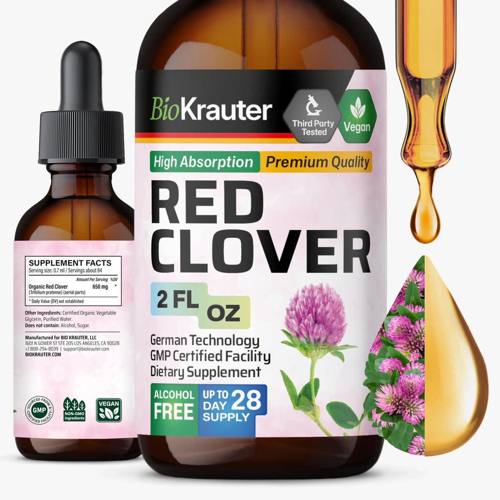 BIO KRAUTER Red Clover Tincture - Red Clover Extract - Suplemento líquido para el apoyo de las mujeres - Alcohol y azúcar gratis - Vegan Drops 2 Fl.Oz.