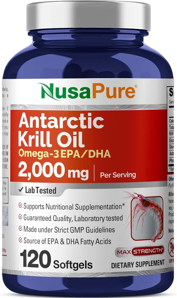 NusaPure Antarctic Krill Oil 2000 mg 120 Softgels, Omega-3 EPA 360mg, DHA 240mg, Soyfree Astaxanthin Supplement Sourced from Krill 800ppm