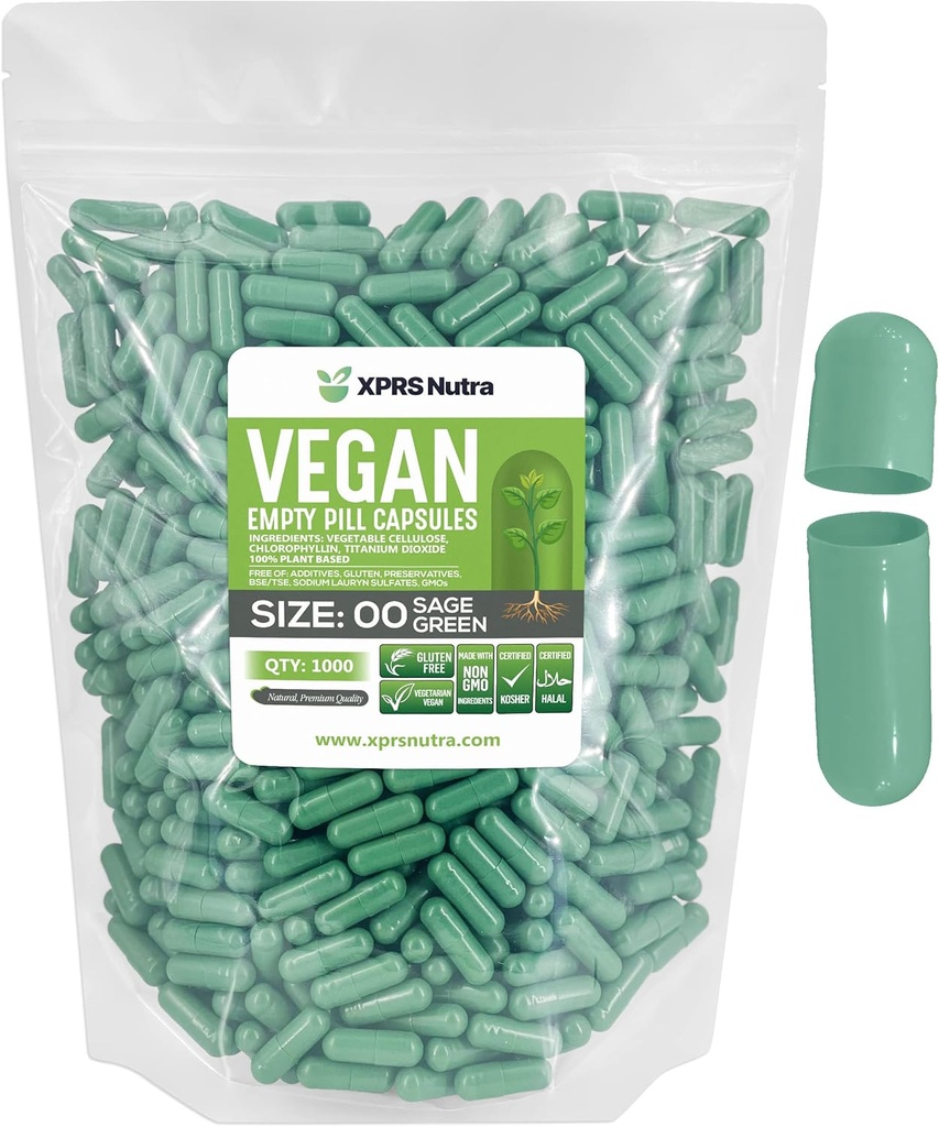 XPRS Nutra Tamaño 00 Empty Capsules - 1000 Conde Vacío Cápsulas Vegan - Láminas Vacío Vegetarianas - DIY Cápsulas Vegeta Filling- Veggie Pill Caps (Sage Green)