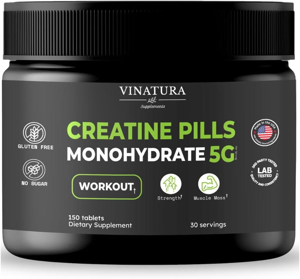 VINATURA Creatina Monohydrate Pills 5g - creatine Tablets, creatine Pills for Men, Women, creatina en capsulas *USA Made &amp; Tested* Unflavored, creatine monohydrate Powder alt, 150 Tablets 30 Servings