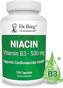 Dr. Berg Niacin 500mg con Flushing for Heart Health & Energy Support* - Suministro de 100 días Vitamina B3 Niacina del Dr. Berg Ácido Nicotínico Recomendado - 100 cápsulas