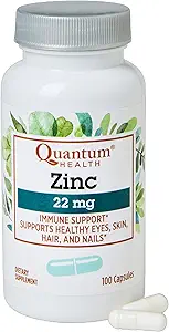 Quantum Health Zinc Gluconate 22mg Daily Immunity Boost Supplement Supports Energy, Healthy Eyes, Hair Skin & Nails - Essential Mineral Immune Support for Women & Men - 100 Capsules