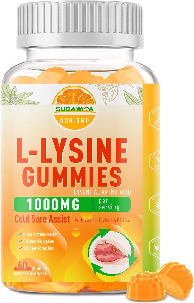 L-Lysine Gummies 1000 mg, Cold Sore Supplement with Immune Support for Lips & Oral, Chewable L Lysine Gummies for Adults &amp; Kids, Boost Immune & Collagen, Non-GMO, Vegan, Gluten Free - 60 Condes
