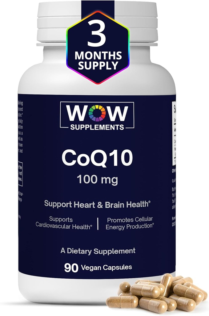 WOW Supplements CoQ10 100 mg with Hawthorn Berry - High Absorption CoQ10 100mg for Energy Production, Heart and Cellular Health - Non-GMO, Gluten-Free Coenzyme Q10 100mg Suplemento - 90 cápsulas