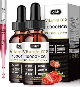 Vitamina B12 Liquid Drops Sublingual 10000 mcg, Triple B-12 Suplemento Complejo, Metilcobalamina Blend for Women &amp; Men, Mood & Energy Booster, Metabolism & Health Support, 2 Pack