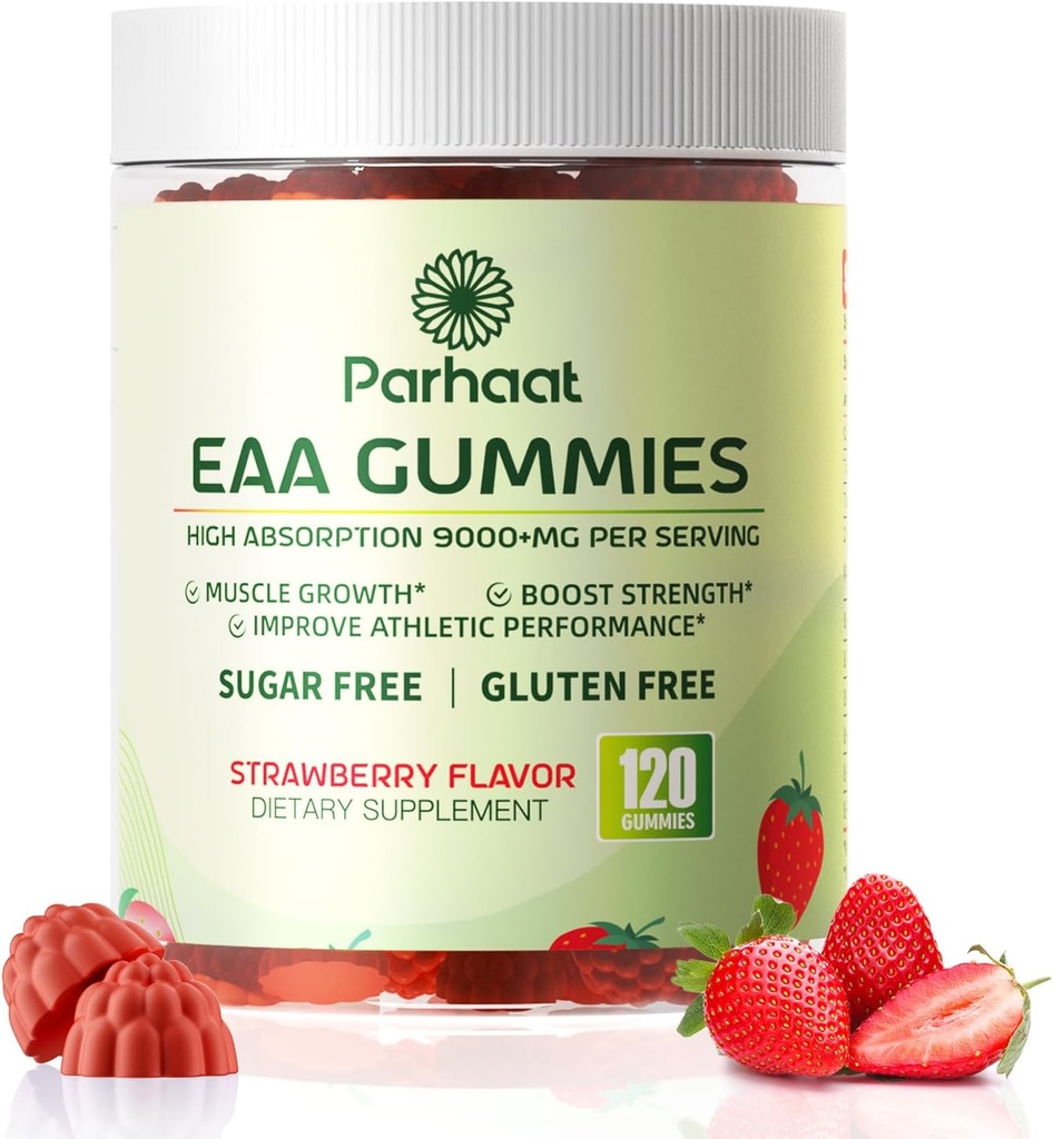 EAA Gummies 120 Gummies (Strawberry), Aminoácidos Esenciales - Todos los 9 Aminos Esenciales (EAA) y todos los Aminos Sustitutivos (BCAAs), No GMO, Gluten Free, Vegetarian Friendly