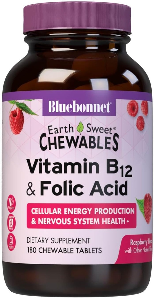 Bluebonnet Nutrition Earth Sweet Vitamin B12 1000 mcg " Folic Acid 400mcg Brain Health " Energy* Vitaminas para Hombres Mujer - Vegan, Gluten-Free Raspberry B 12 Vitamina - 180 Chewable Tablets