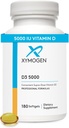 XYMOGEN D3 5000 - Vitamina Biodisponible D3 5000 UI (125 mcg) - Alta Potencia Vitamina D Suplemento de Apoyo Salud Inmunitaria, Hueso + Salud cardíaca (180 Softgels)