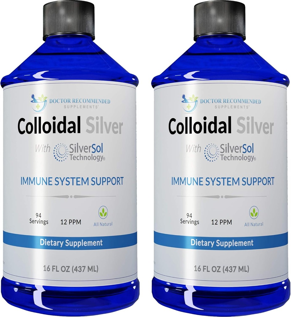 Colloidal Silver Liquid - 12 PPM Premium Silver Solution, 60 MCG Por Serving, All Natural, Vegan Immune System Support, Ionic Silver Water Daily Mineral Supplement (2-16 Fl oz Bottles)