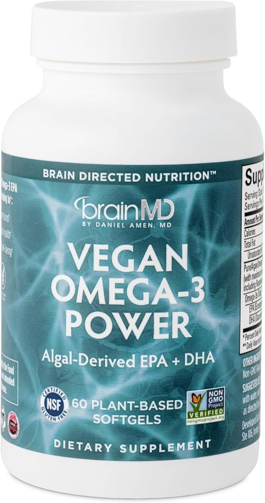 BRAINMD Dr Amen Vegan Omega-3 Power - 60 Plant-Based Softgels - 1,100 mg of EPA & DHA - Supports Focus, Memory & Heart Health - Vegan, Gluten Free & Non-GMO - 30 Servings