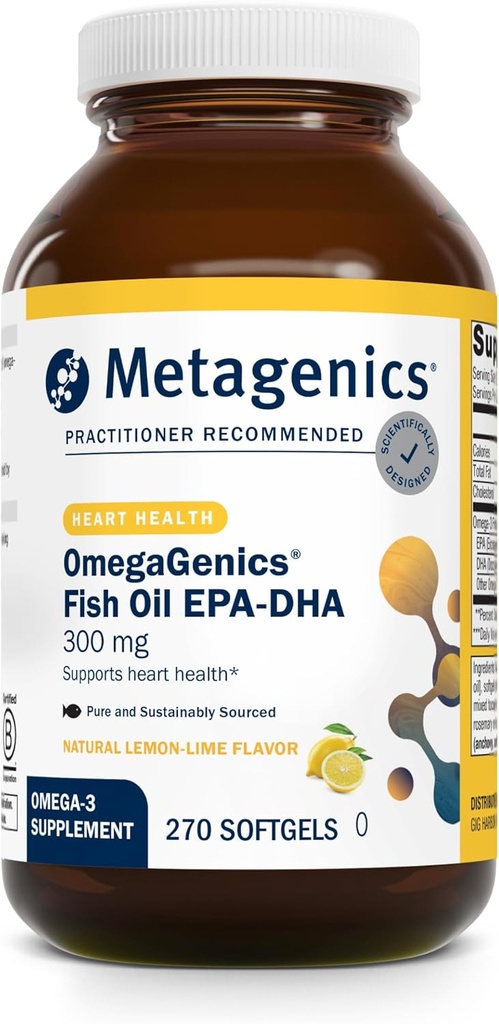 Metagenics OmegaGenics Fish Oil EPA-DHA 300-180 mg EPA &amp; 120 mg DHA per Softgel - Apoya el corazón, el cerebro, el ojo, la salud conjunta* - No GMO, sin gluten - GMP Certified Facility - 270 Softgels
