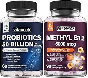 Vitamina B12 y Probióticos 50 Billion Bundle, Methylcobalamin 5000mcg para la producción de energía, con Prebióticos Orgánicos, Digestivo &amp; Soporte Inmunitario, B12 Tablets 90 ct &amp; Probióticos Capsules 60ct