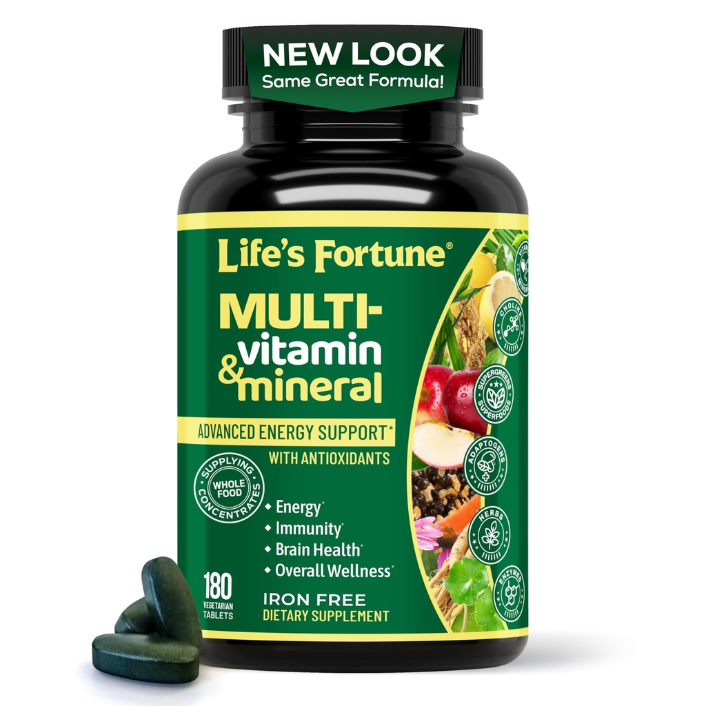 La Fortuna entera de la vida Alimentos Multivitamínicos &amp; Minerales, Suplemento de apoyo energético avanzado, Bienestar diario para hombres &amp; mujeres, aminoácidos, biotina, 180 Tabletas vegetarianas
