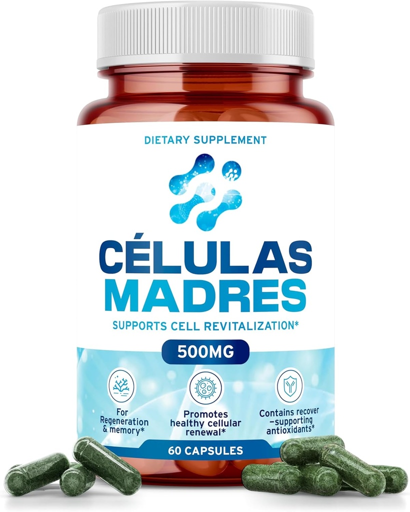 Stem Cell Supplements 500mg (60 Cap) Natural Anti-Aging &amp; Longevity Support with Spirulina & Chlorella, Boost Cellular Renewal, Restore Youthful Energy, Reduce Joint Soreness – Celulas Madre