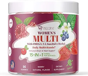 Multivitamina para Mujer, Mujer Multivitamina Gummy w/Omega-3, Inositol, Folate, Biotina, Vitaminas A, C, D3, E, B12 para el corazón, Cerebro, Pelo, Energía &amp; Immune, Gummies libres de azúcar, Sabor Berry, 90 Cts