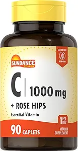 Sundance Vitamina C 1000mg con Rosa HIPS ← 90 Caplets Vegetarianos ← Vitamina Esencial Silencio Vegetariano, No GMO, y Gluten Suplemento Libre