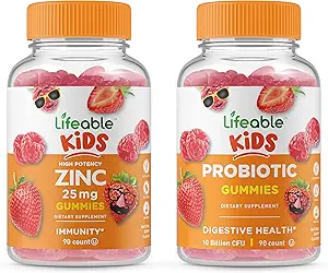 Zinc 25mg Niños + Probióticos 5 millones de niños, Gummies Bundle - Gran Tasting, Suplemento de vitamina, Gluten Gratis, GMO Gratis, Chewable Gummy
