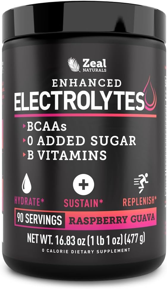 Zeal Naturals Electrolyte Powder Recovery Drink (90 Servings ← Raspberry Guava) w 0 Sugar +BCAAs +B-Vitamins Electrolyte Suplemento w Potassium Zinc &amp; Magnesium for Hydration - Keto Electrolytes