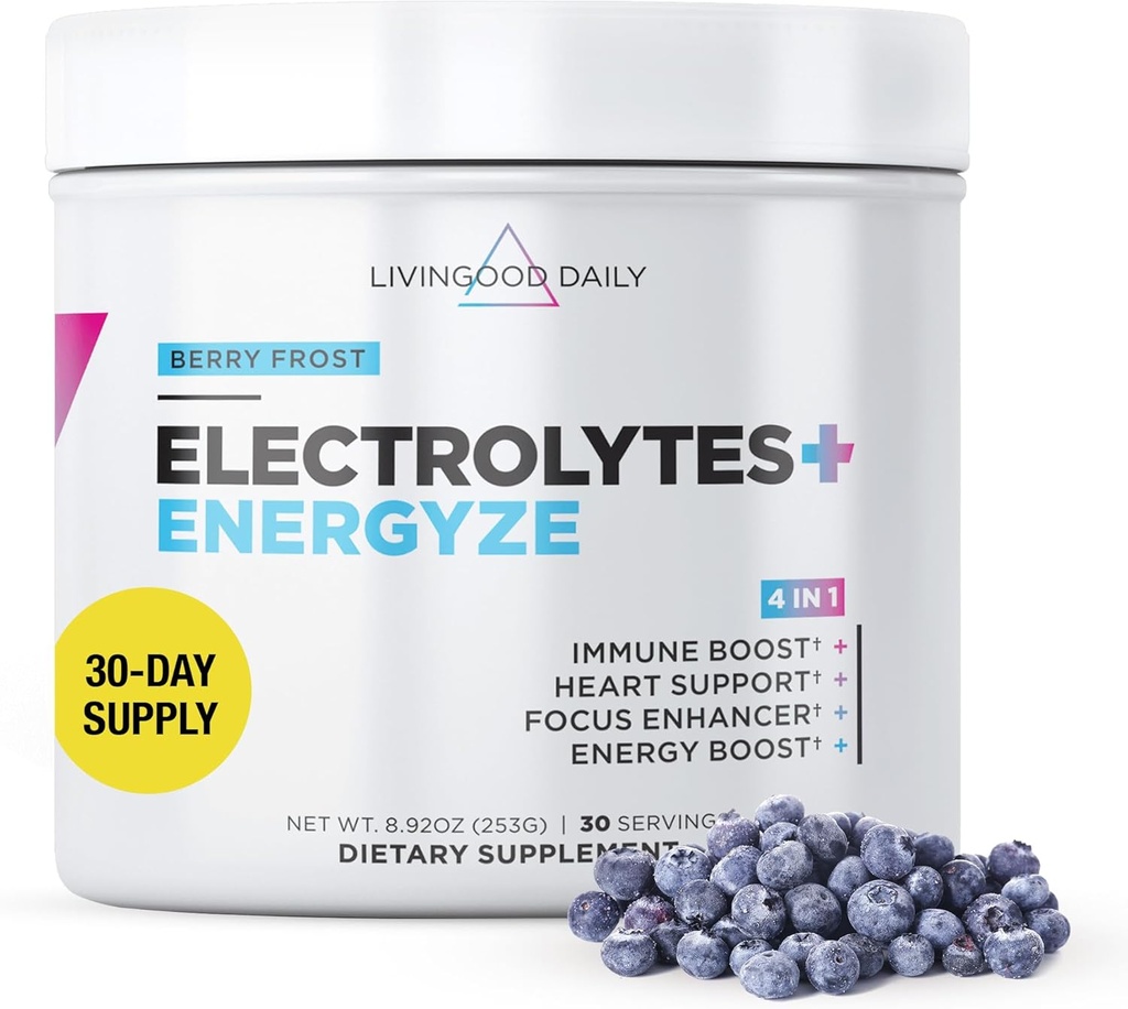 Livingood Daily Electrolytes Powder, Electrolytes Hydration Drink Mix with Vitamin C, Magnesium, Taurine &amp; Sea Salt, Electrolyte Supplement for Energy & Hydration, Keto, Berry Frost Flavor, 30 Srvgs