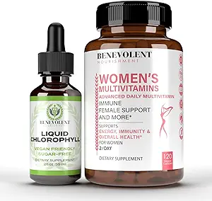 Gotas líquidas de clorofila benévola " Multivitamina de las mujeres - 100% natural + 4X concentración de potencia para la piel sana y desodorante interno - Vitaminas diarias para las mujeres con biotina, calcio, magnesio