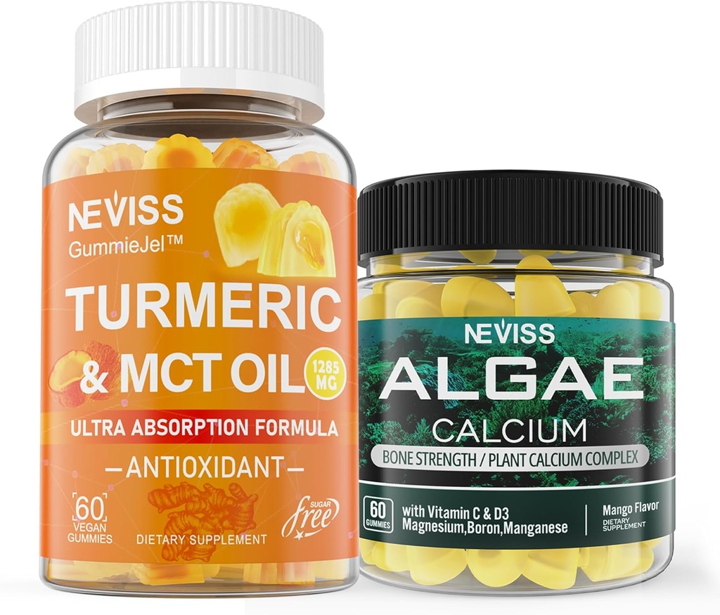 NEVISS Sugar Free Turmeric Curcumin Gummies + Marine Algae Calcium Suplemento 600mg, alta absorción, Vegan