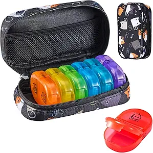 Serfeymi Organizador semanal de píldoras de viaje 2 veces al día AM Upgraded Rainbow Pill Box 7 Day with Portable Zipper Canvas Pill Case, Medicine Organizer for Pills, Vitamins, Fish Oils - Black 02