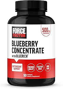 FORCE FACTOR Blueberry Concentrate Antioxidants Suplemento con BlueRich Blueberry Extract Suplemento, Free Radical Scavenger for Daily Health, Gluten Free, Non-GMO, 90 Softgels