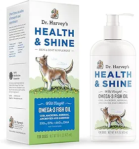 Dr. Harvey’s Health & Shine Omega 3 Fish Oil for Dogs from Wild Caught Cod, Mackerel, Herring, Anchovies y Sardines - Supports Beautiful Fur, Strong Joints and Itchy Allergy Relief (16 fl. oz.)