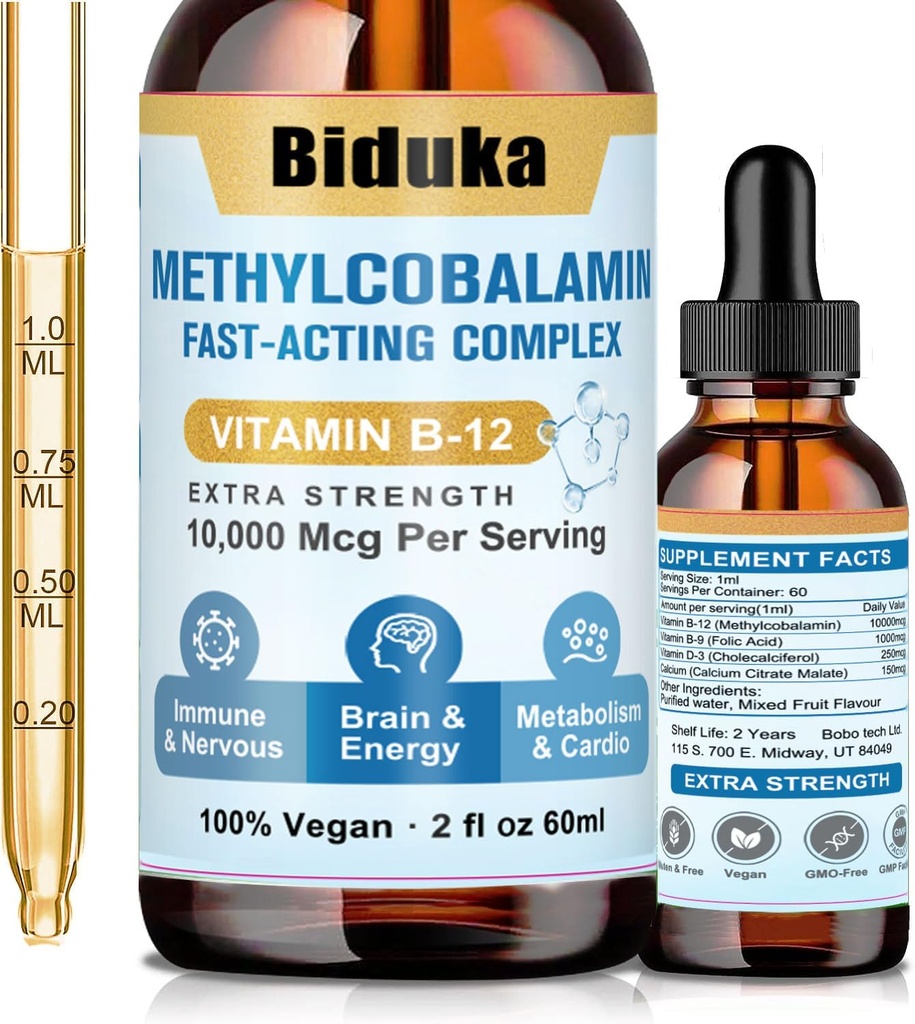 10,000mcg Vitamina B12 Sublingual Liquid Drops, Fórmula Única con D3, B9(Acid Alimentario), Calcio, Energía de Apoyo, Corazón, Mood, Cerebro, Sistema Inmunitario, Vegetariano, No GMO &amp; Gluten Free