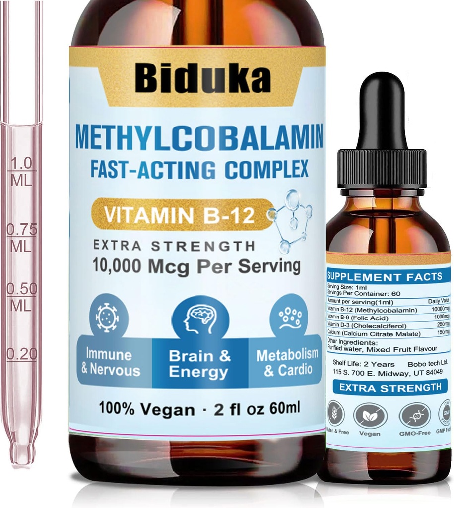 10,000mcg Vitamina B12 Sublingual Liquid Drops, Fórmula Única con D3, B9(Acid Alimentario), Calcio, Energía de Apoyo, Corazón, Mood, Cerebro, Sistema Inmunitario, Vegetariano, No GMO &amp; Gluten Free