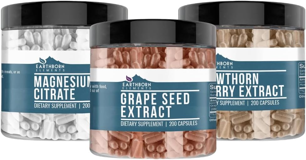 Earthborn Elements Hawthorn Berry, Grape Seed, & Magnesium Citrate Bundle (200 caps), Pure & Undiluted, No Additives
