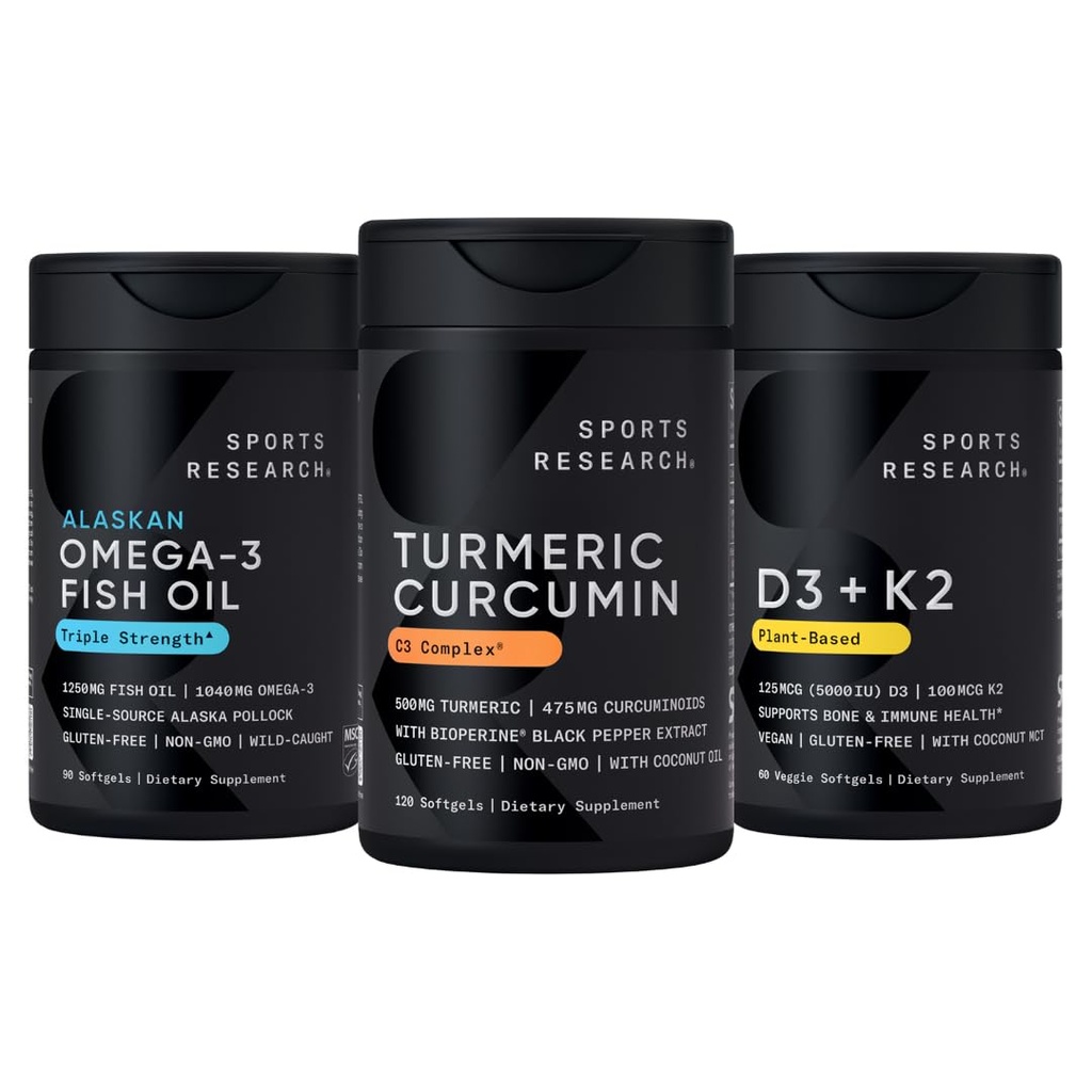 Sports Research Body Wellness Pack - Wild Alaskan Pollock Omega-3 Fish Oil 1250 (90 Softgels), Turmeric Curcumin C3 Complex (120 Softgels) & Vegan 5000IU Vitamin D + 100mcg Mk7 Vitamin K (60 Softgels)