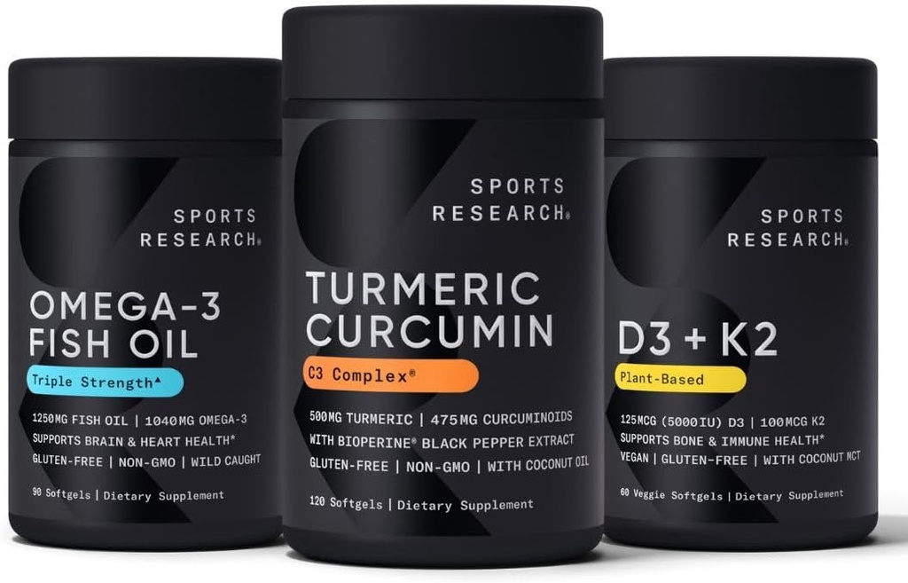 Sports Research Wild Alaskan Pollock Omega 3 Fish Oil 90 Softgels (1250 mg), Turmeric Curcumin C3 Complex (120 Softgels) y Vegan 5000 IU Vitamina D + 100mcg Mk7 Vitamin K (60 Softgels)