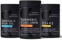Sports Research Wild Alaskan Pollock Omega 3 Fish Oil 90 Softgels (1250 mg), Turmeric Curcumin C3 Complex (120 Softgels) y Vegan 5000 IU Vitamina D + 100mcg Mk7 Vitamin K (60 Softgels)
