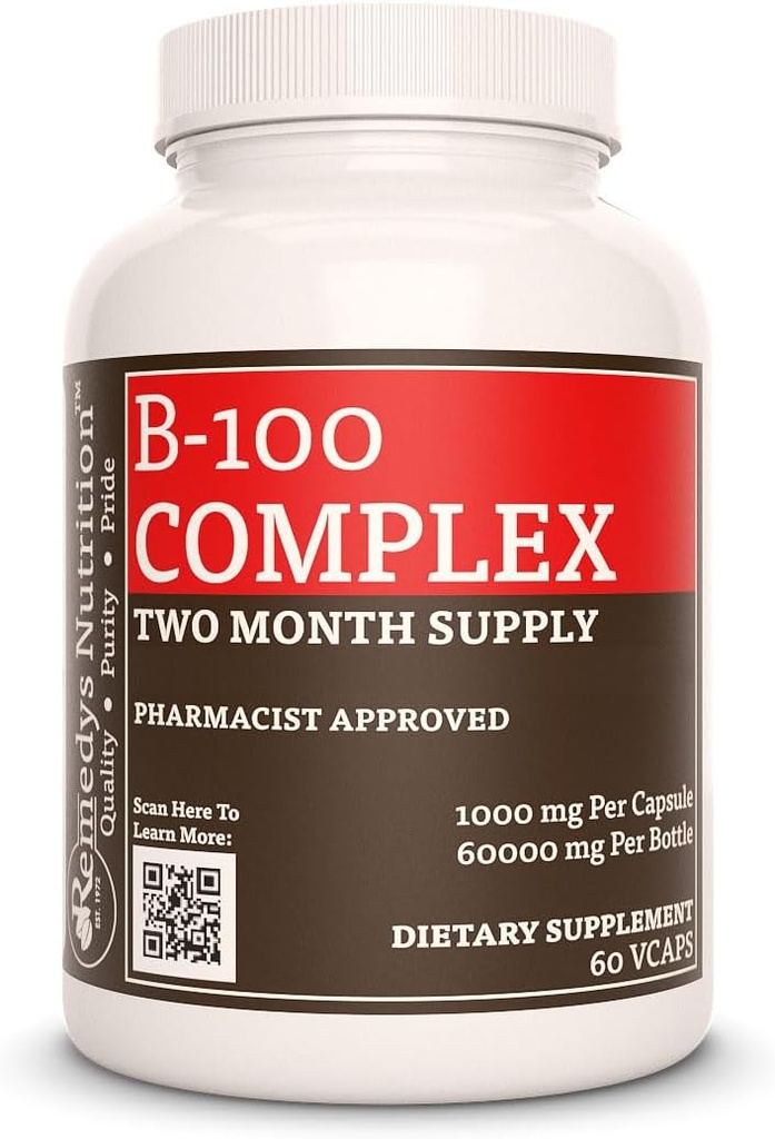 Remedy's nutrition Vitamin B-100 Complex |1,000 mg, 60 Vegan Capsules Dietary Supplement | Two Month Supply