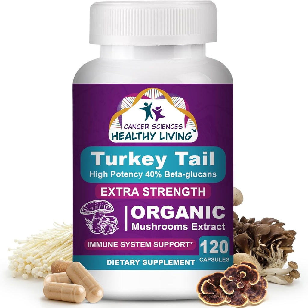 CANCER SCIENCES Turquía Tail Wellness Mushrooms Suplemento, USDA Certified Organic Extract, Extra Strength 1,500 mg, High Potency 40% Beta-Glucans, Gut & Immune Support, Natural Digestive, 120 Capsules