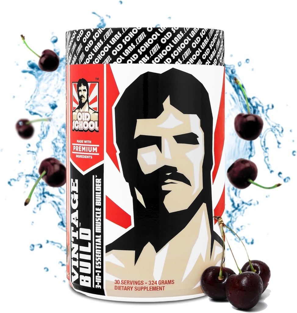 Vintage Build – Post Workout Recovery &amp; Muscle Building Powder Drink for Muscular Strength & Growth - Reduce la Soreness – Creatine Monohydrate, BCAAs, L-Glutamine – Black Cherry Flavor – 324g