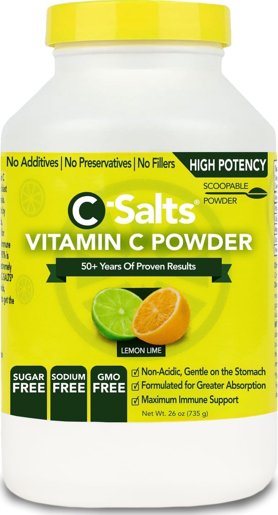 C-Salts Vitamina C Suplemento de Polvo - 100% Pura de alta dosis Buffered Vitamin C Powder para Immune Support - Organic, Sugar-Free, Vegan, No GMO, Stomach-Friendly, Lemon Lime 26oz