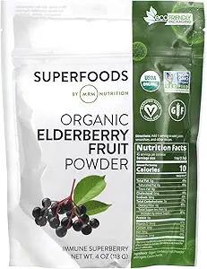 MRM Nutrición Orgánica Elderberry Fruit Powder ← Superfoods TEN Immune superberry TEN Antioxidants + Fiber TEN Vegan + Gluten-Free TEN 45 Servings