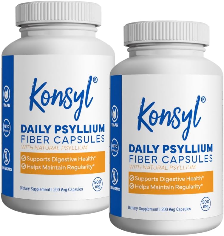 Konsyl Daily Psyllium Fiber Capsules - Contiene 1500mg de Psyllium All-Natural Powder por Ser - Apoya Digestive Health and Weight Management Goals+ (2 Pack - 200 Cuenta Cada)