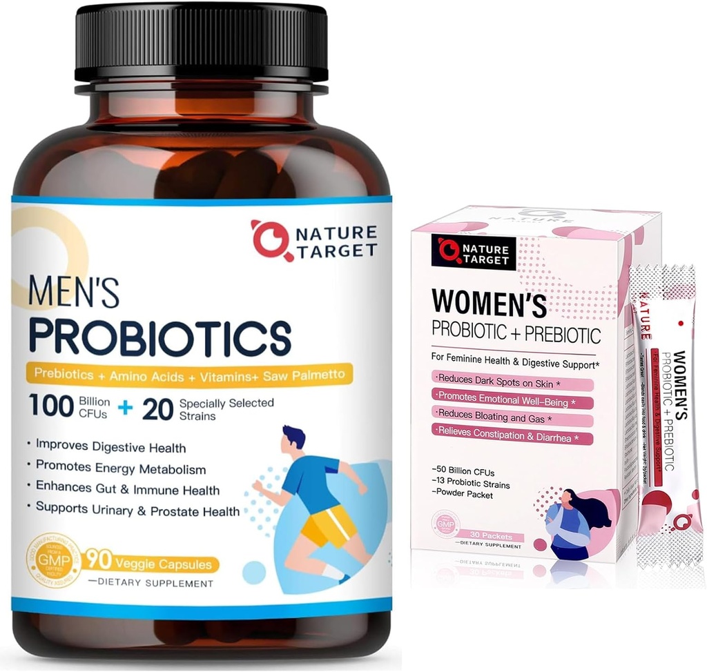 NATURE TARGET Probiotics for Men 100 Billion CFUs, Probiotics for Women Powder