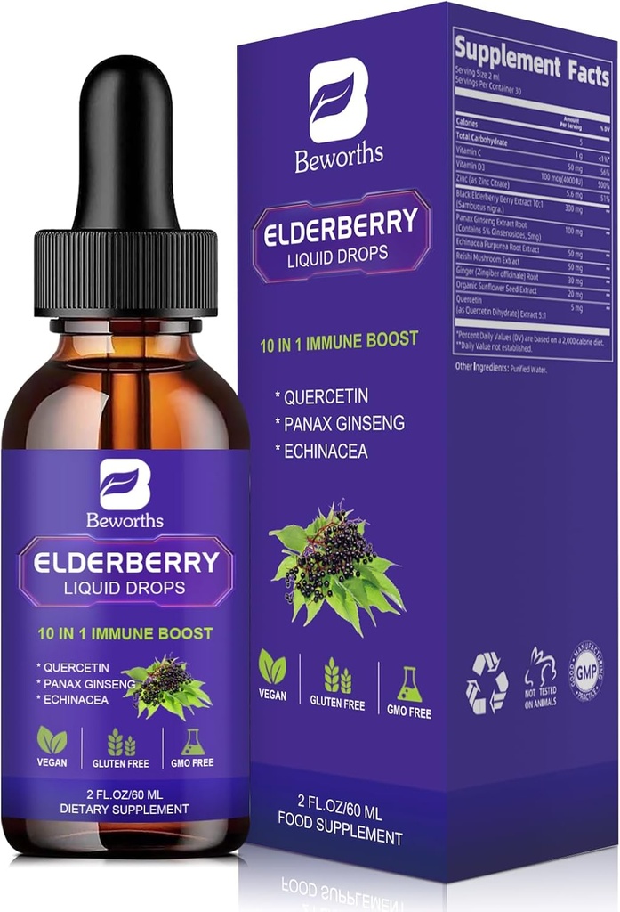 Elderberry Syrup  Quercetin Black Elderberry Liquid Drop with Quercetin, Panax Ginseng for Immune Support ← Sambucus Elderberry with Vitamin C and Zinc, D3 ← Vegan ← No-GMO ← Original