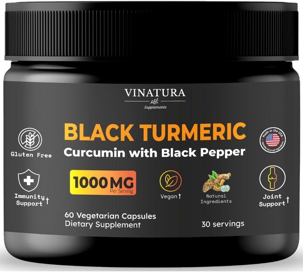 VINATURA Black Turmeric, Curcumin with Black Pepper 1000mg - Turmeric Curcumin with Turmeric Black - Curcuma Caesia, Curcuma Longa, Black Pepper 95% Piperina - 60 cápsulas 30 Serviciones
