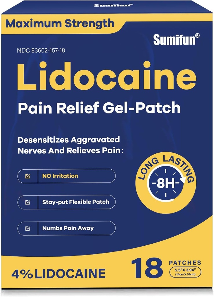 Sumifun 4% Lidocaine Pain Relief Patches - OTC Maximum Strength – Flexible & Long-Lasting, 18-Count Lidocaine Patches for Back, Neck, Muscle, Joint Pain - Unscented Pain Pain