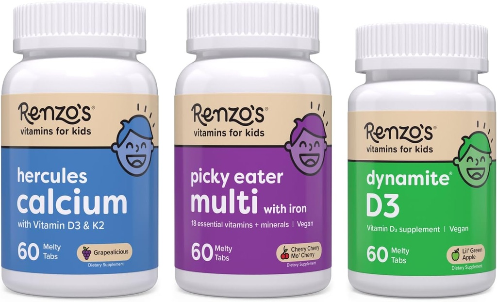 Renzo's Vitamins Stronger Now Bundle - Picky Eater Kids Multivitamin, Hércules Calcium y Vitamina D3 para niños
